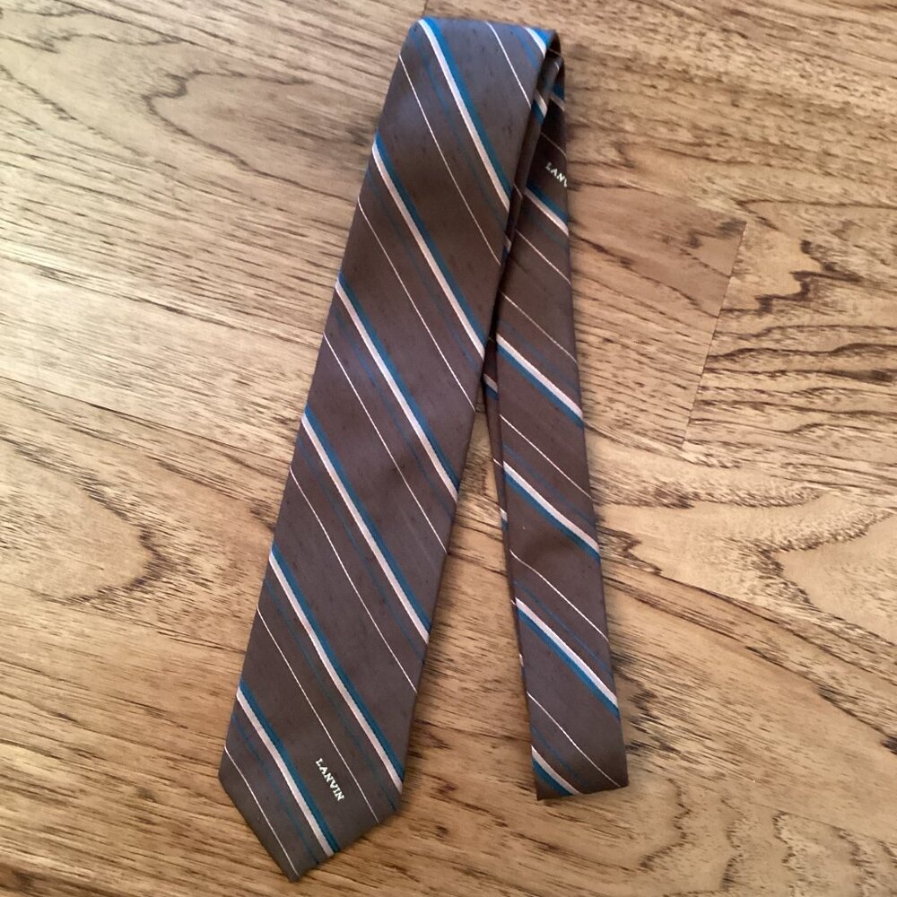 VINTAGE LANVIN STRIPED SILK DUPIONI TIE 3" WIDE DESIGNER CLASSIC RETRO PREPPY